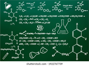 Chalk scribbles on a chemical board. Blackboard, formulas, numbers, and organic chemistry. The concept of education. Vector illustrations can be used to return to the school topic, organic chemistry - Shutterstock ID 1922767739