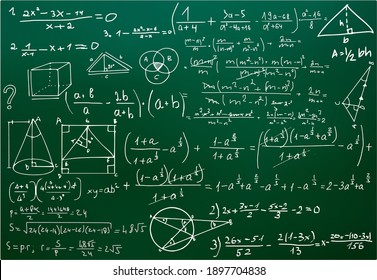 Chalk scribbles on a math board. Blackboard, formulas, shapes, geometry. The concept of education. Vector illustrations can be used to return to the school topic, algebra, natural sciences