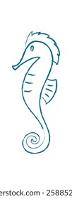 Chalk seahorse silhouette. Doodle marine creature swims gracefully in the ocean. Underwater animal design, flat style, suitable for summer themes or aquatic projects.