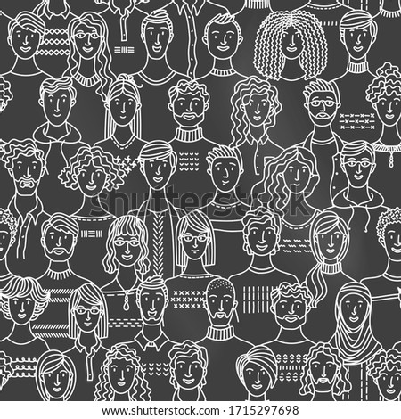 Chalk seamless pattern of diverse people group. Linear crowd boundless background with various men and women. Social community vector outline illustration. Black and white