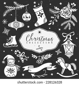 Chalk set of decorative festive illustrations. Christmas collection. Hand drawn illustration. Design elements. Vol.4