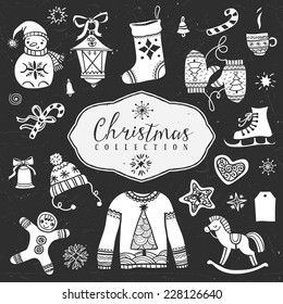 Chalk set of decorative festive illustrations. Christmas collection. Hand drawn illustration. Design elements. Vol.1