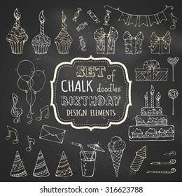 Chalk set of hand-drawn birthday design elements. Vector chalk garlands and balloons, music notes, gift boxes, party blowouts, cakes and candies, birthday cake, party hats on blackboard background.