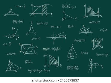 Conjunto de tiza de figuras matemáticas, funciones, fórmula, cálculo y ecuación. Dibujado a mano triángulo geométrico blanco con tiza, cuadrado, conos y gráficos de función se dibujan en pizarra de escuela verde