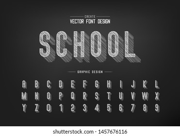 Chalk shadow font and alphabet vector, Pencil sketch letter typeface and number design, Hand drawn graphic text on blackboard background