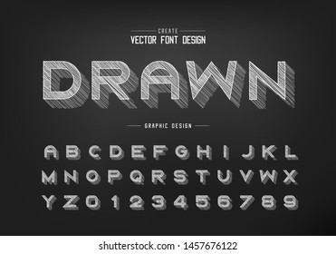 Chalk shadow font and alphabet vector, Pencil sketch bold typeface letter and number design, Hand drawn graphic text on blackboard background