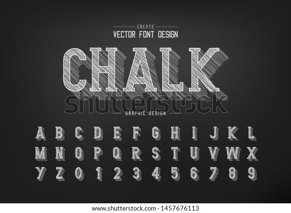 チョークの影のフォントとアルファベットのベクター画像 鉛筆のスケッチの文字スタイルの書体文字と数字のデザイン 黒板の背景に手描きのグラフィックテキスト のベクター画像素材 ロイヤリティフリー