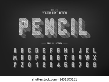 chalk shadow round font and alphabet vector, Pencil sketch typeface and letter number design, Hand drawn graphic text on blackboard background