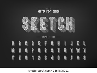 Chalk shadow round font and alphabet vector, Pencil sketch letter typeface and number design, Hand drawn graphic text on blackboard background