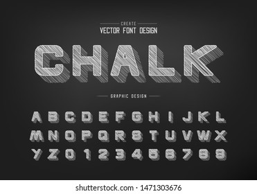 Chalk shadow round font and alphabet vector, Pencil sketch design typeface letter and number, Hand drawn graphic text on blackboard background