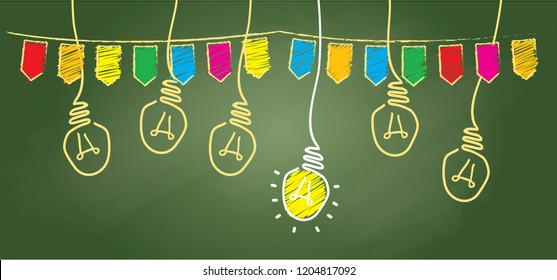 Chalk, shool blackboard. Comic brain electric lamp idea doodle. FAQ, business loading concept. Fun vector light bulb icon or sign ideas. Brilliant lightbulb education  or inventions pictogram banner