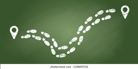 Chalk, shool blackboard. Tracking gps routes with pin map. Human walking footprints shoes and shoe sole. Kids feet and foot steps Fun vector footsteps icon or sign for print. Nearly there