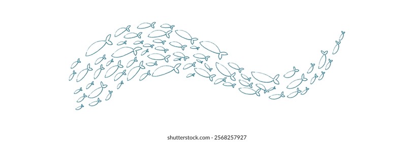 Chalk silhouette fish school. Aquatic group of fish swim in a playful pattern. Underwater life in the ocean, flat style design, suitable for summer projects.