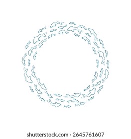 Chalk silhouette fish school. A group of aquatic creatures swim in a round pattern. Underwater life, ocean theme, cartoon graphic style, perfect for marine projects.