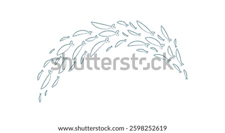 Chalk silhouette fish school. Group of marine fish in a flowing pattern. Underwater world of aquatic life, flat style with a chalk texture, suitable for summer projects.