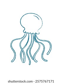 Chalk silhouette jellyfish. Crayon underwater creature. Marine life in the ocean, doodle style, graphic representation, perfect for educational materials and summer designs.