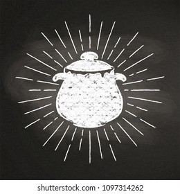 Chalk silhoutte of a boiling pot  with vintage sun rays on blackboard. Good for cooking logotypes, bades, menu design or posters.