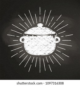 Chalk silhoutte of boiling pot  with vintage sun rays on blackboard. Good for cooking logotypes, bades, menu design or posters.