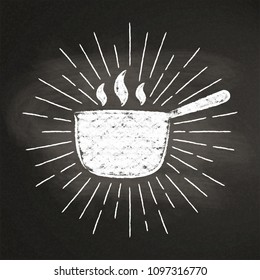 Chalk silhoutte of hot pot  with vintage sun rays on blackboard. Good for cooking logotypes, bades, menu design or posters.