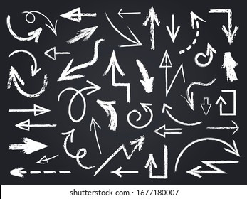 Chalk sketch arrow. Hand drawn chalk arrows, chalkboard graphic elements, chalk arrow signs on chalkboard isolated vector icons set. Arrow sketch chalk, outline scribble blackboard illustration