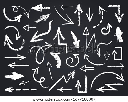 Chalk sketch arrow. Hand drawn chalk arrows, chalkboard graphic elements, chalk arrow signs on chalkboard isolated vector icons set. Arrow sketch chalk, outline scribble blackboard illustration