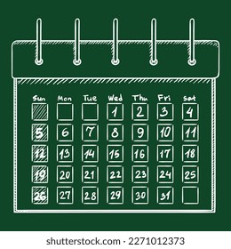 Marque el calendario de esbozo con fechas y días de semana. Ilustración dibujada a mano del vector