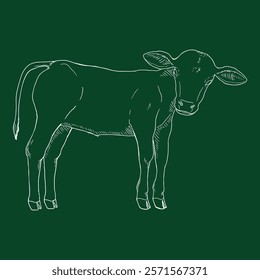 Chalk Sketch Calf. Vector Hand Drawn Illustration. Side View.