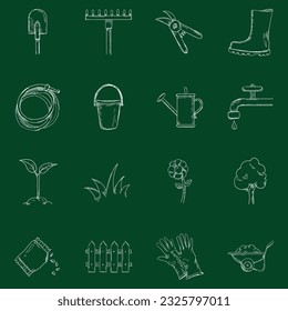 Chalk Sketch Garden Icons. Vector Hand Drawn Gardening Tools and Plants