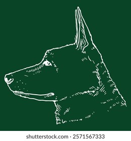 Chalk Sketch German Shepherd Dog Face Side View. Vector Illustration.