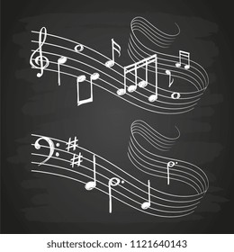 Chalk sketch musical sound wave with music notes on blackboard isolated. Vector illustration