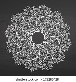 Chalk sketch of pineapples arranged in a circle. Seamless round composition with hand drawn fruits. Vector illustration on chalkboard.