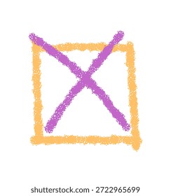 Icono de casilla de verificación cuadrado de boceto de tiza con una marca de cruz púrpura. El elemento de Casilla de verificación se erige como símbolo fuerte, contorno de tiza y marca para el uso moderno de la lista de verificación, votación o selección.