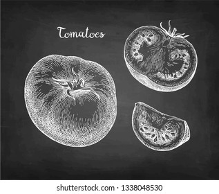 Chalk sketch of tomatoes on blackboard background. Hand drawn vector illustration. Retro style.