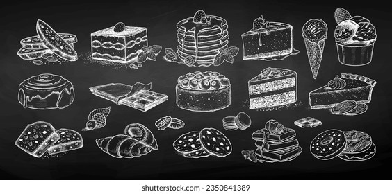 Chalk sketch vector illustration set of desserts and bakery on chalkboard background