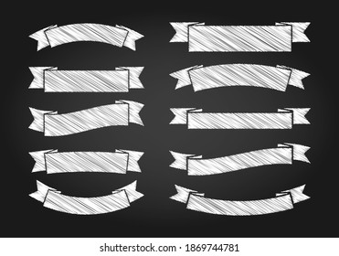 Chalk sketch of vintage ribbons on dark chalkboard background. Hand drawn vector illustration. Collection curved white chalk style ribbons with blank space for modern elegant decoration.