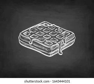 Chalk sketch of waffle with syrup topping. Hand drawn vector illustration on blackboard background. Retro style.