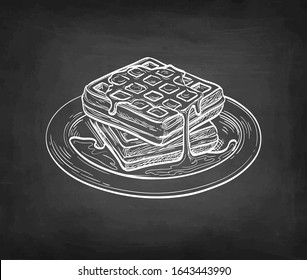 Chalk sketch of waffles with syrup topping. Hand drawn vector illustration on blackboard background. Retro style.