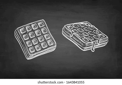 Chalk sketch of waffles with syrup topping. Hand drawn vector illustration on blackboard background. Retro style.