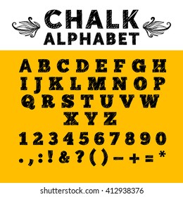 Chalk sketched font, alphabet. Vector illustration of chalk sketched characters on a blackboard background