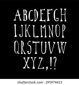 Chalk sketched font, isolated vector alphabet upper case letters and signs on blackboard