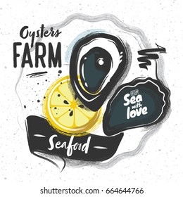 Chalk Sketched Oysters with Lemon and Lettering. Poster for the menu of a restaurant, bar, cafe, farm 