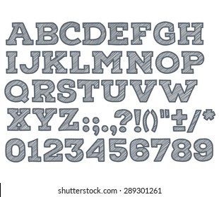 chalk sketched striped alphabet abc vector font. Type letters, numbers, characters and punctuation marks.