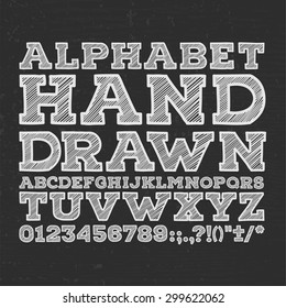 chalk sketched striped alphabet abc vector font. Type letters, numbers, characters and punctuation marks.