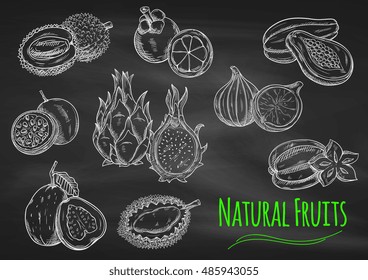 Chalk Sketches Of Exotic Fruits On Blackboard With Star Fruit, Papaya, Guava, Passion Fruit, Dragon Fruit, Lychee, Mangosteen, Fig And Durian Fruits