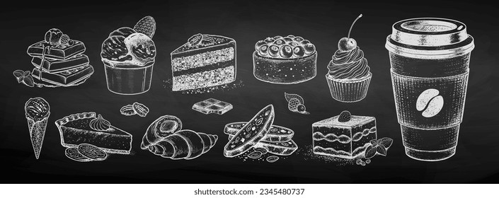 Chalk sketh vector illustration collection of desserts and bakery on chalkboard background