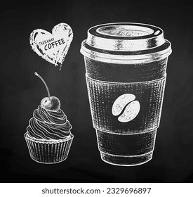 Chalk sketh vector illustration of  paper coffee cup and cupcake on chalkboard background with heart shape banner