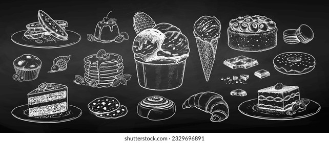 Chalk sketh ilustración vectorial conjunto de postres y panadería en el fondo de pizarra