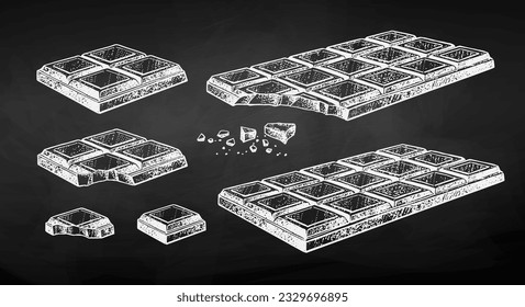 Chalk-Sketh-Vektorgrafik-Set mit Schokoladenriegel und Stücken auf Chalkboard-Hintergrund