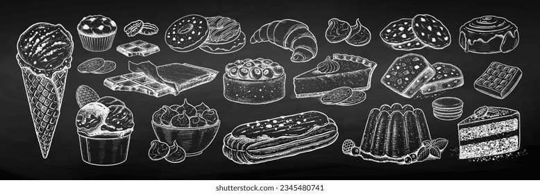 Chalk sketh vector illustration set of desserts and bakery on chalkboard background