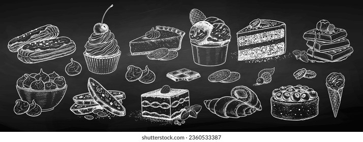 Chalk sketh vector illustration set of desserts and bakery on chalkboard background